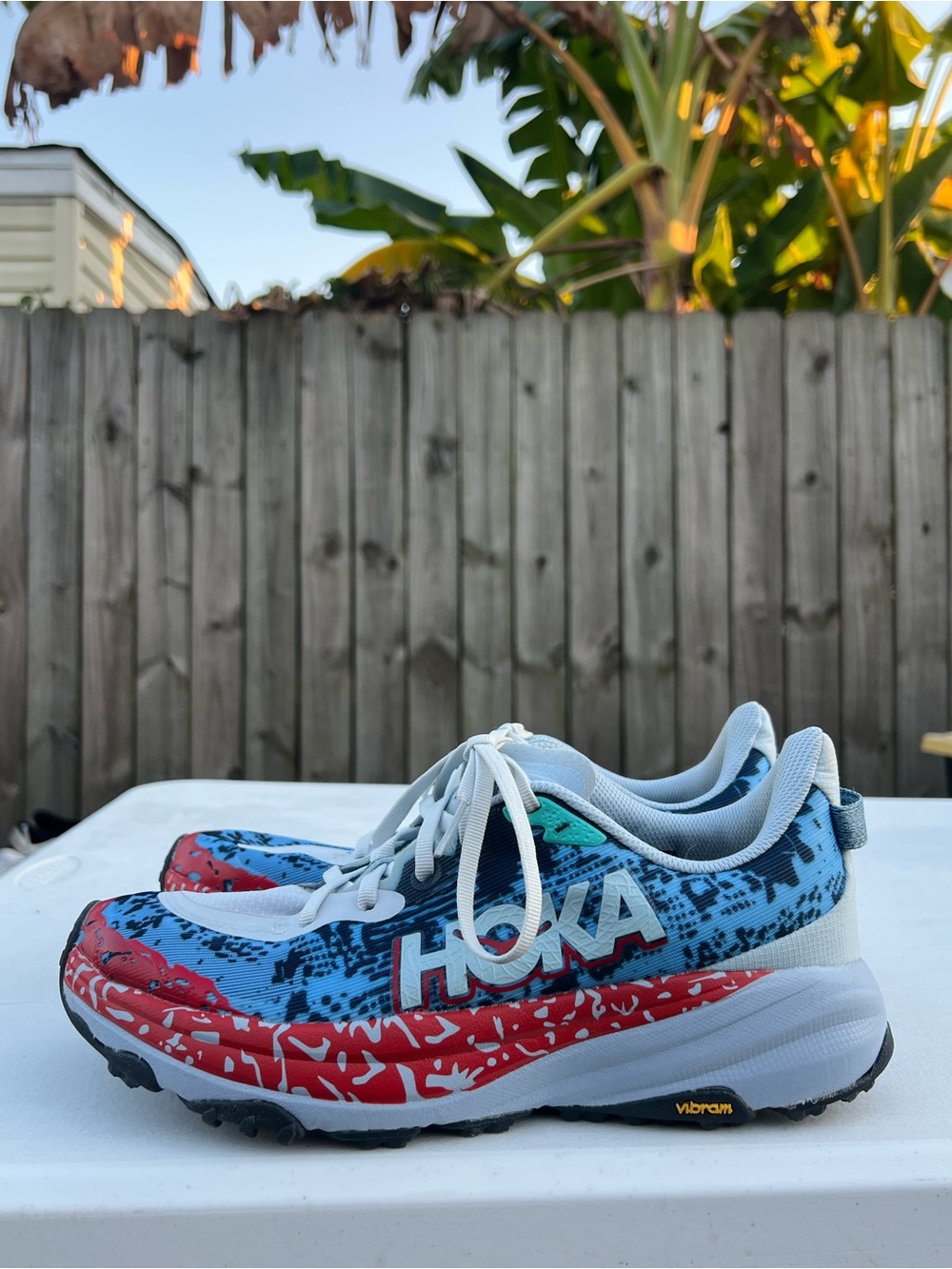 Men’s Hoka SpeedGoat 6 Blue, Red & White Trail Sneakers size 9.5